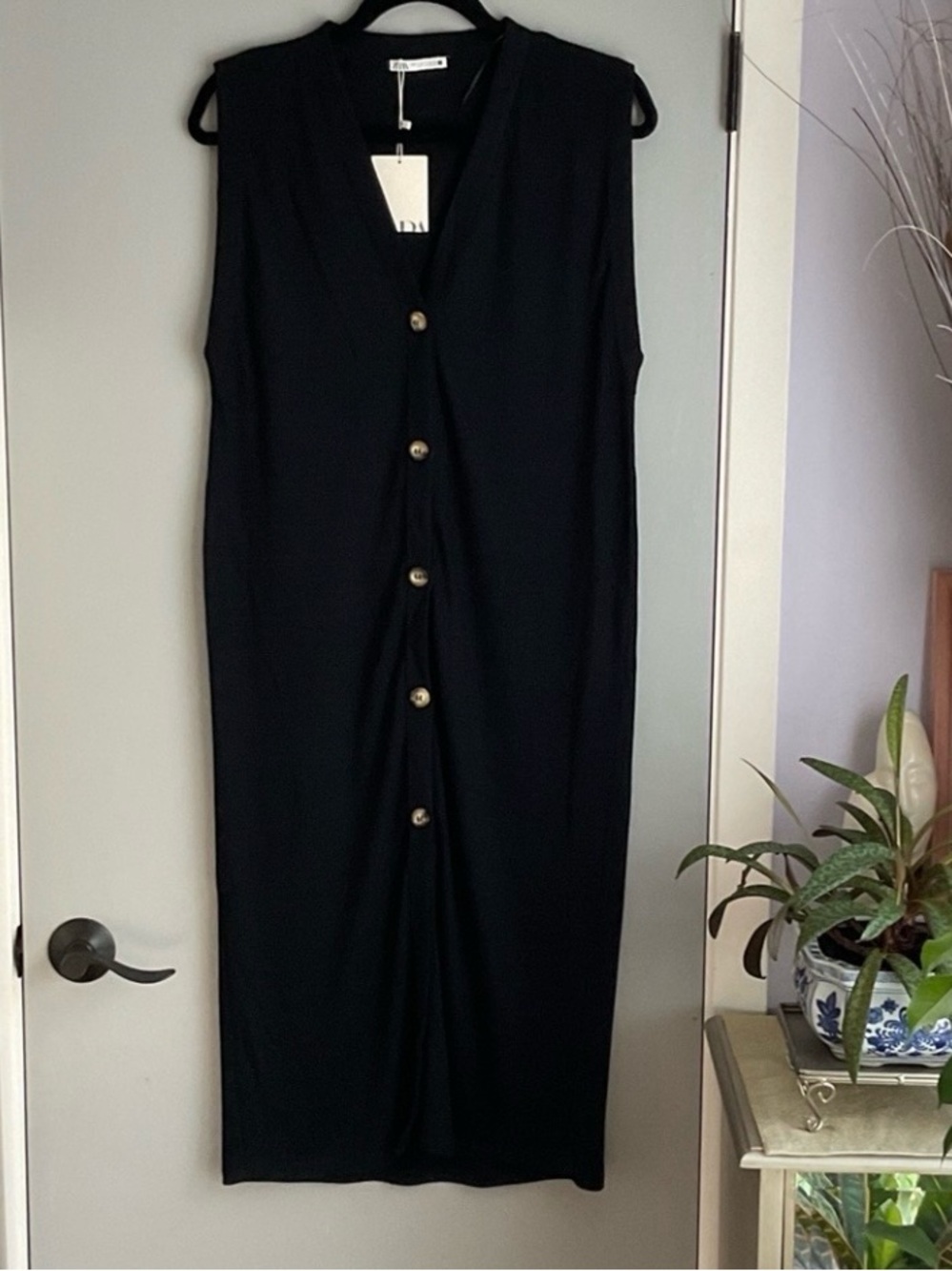 Zara Ribbed Sleeveless Black Button-Down Dress Size Large